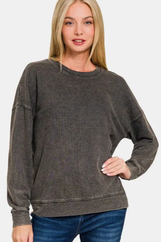 Zenana Washed Round Neck Dropped Shoulder Sweatshirt sold by Charming Charlie
