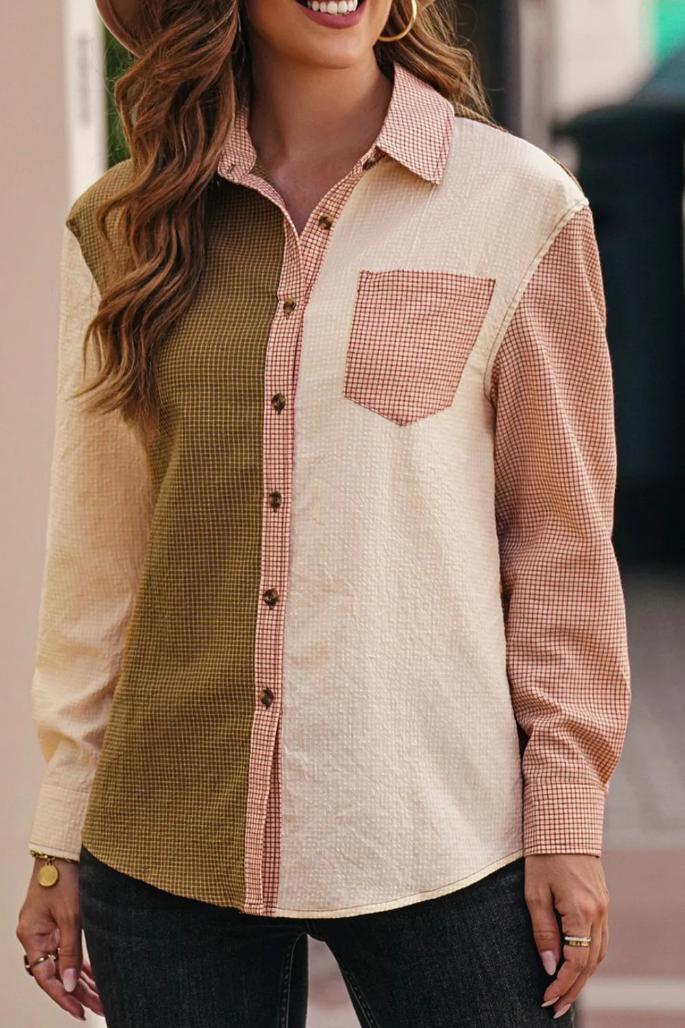 Contrast Plaid Button Down Long Sleeve Shirt sold by Charming Charlie product image thumbnail 3