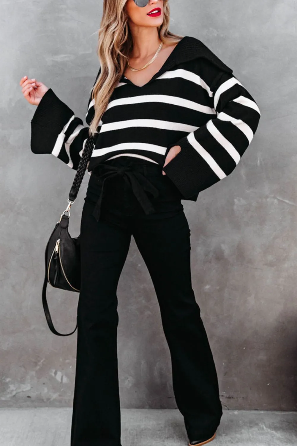 Striped Johnny Collar Long Sleeve Sweater sold by Charming Charlie product image thumbnail 3