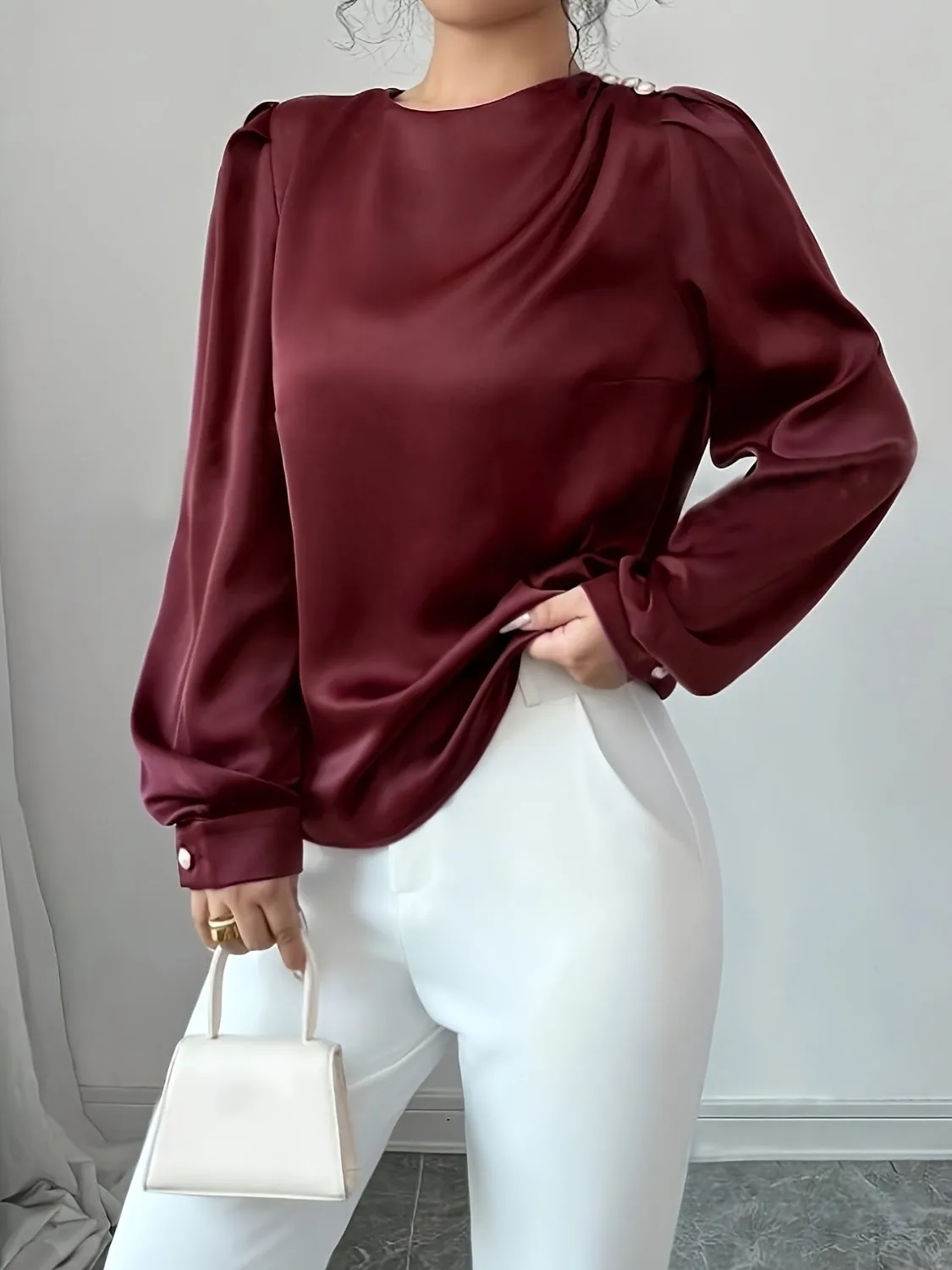 Ruched Round Neck Long Sleeve Blouse sold by Charming Charlie product image thumbnail 3