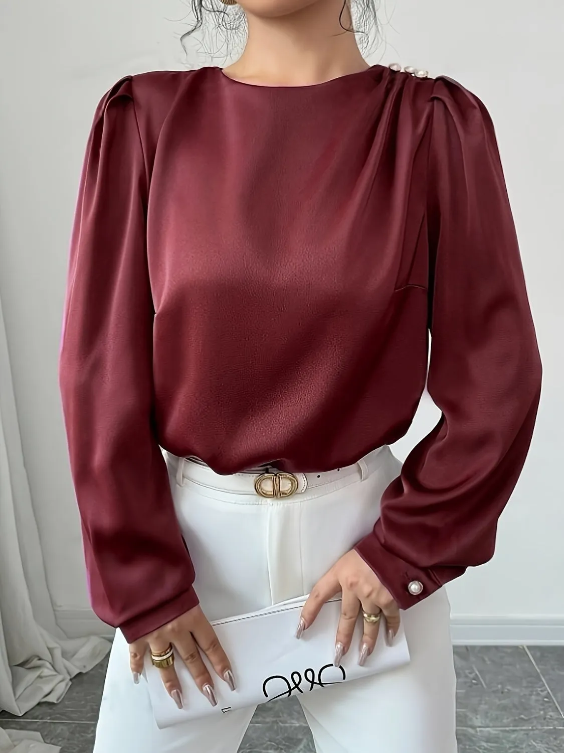 Ruched Round Neck Long Sleeve Blouse sold by Charming Charlie