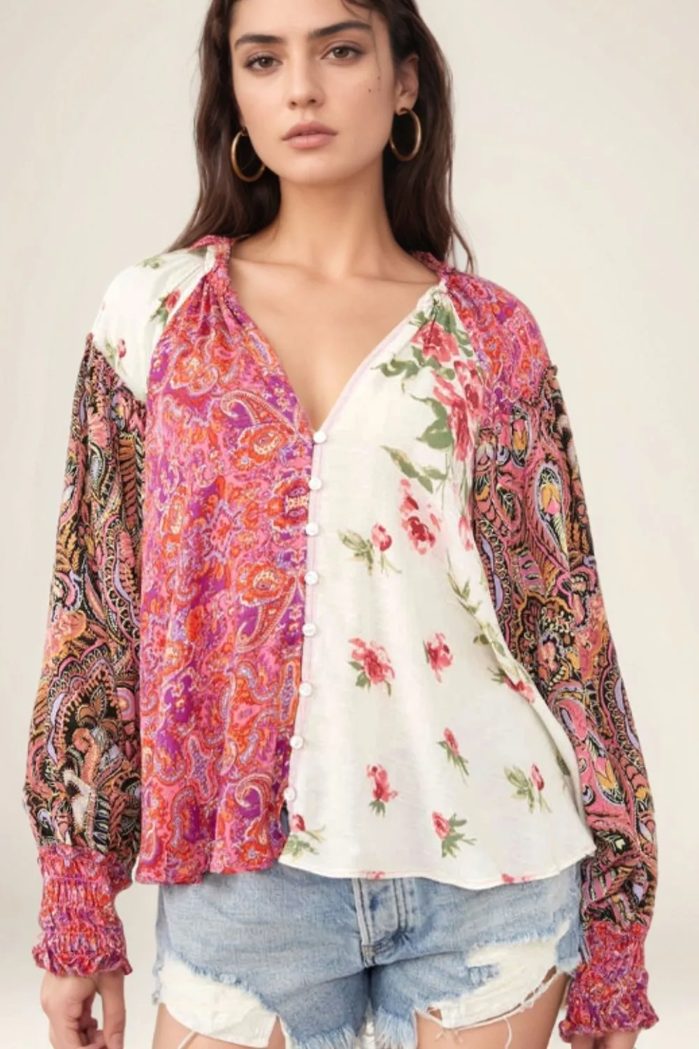 Frill Floral Shirred Cuff Long Sleeve Blouse sold by Charming Charlie product image thumbnail 2