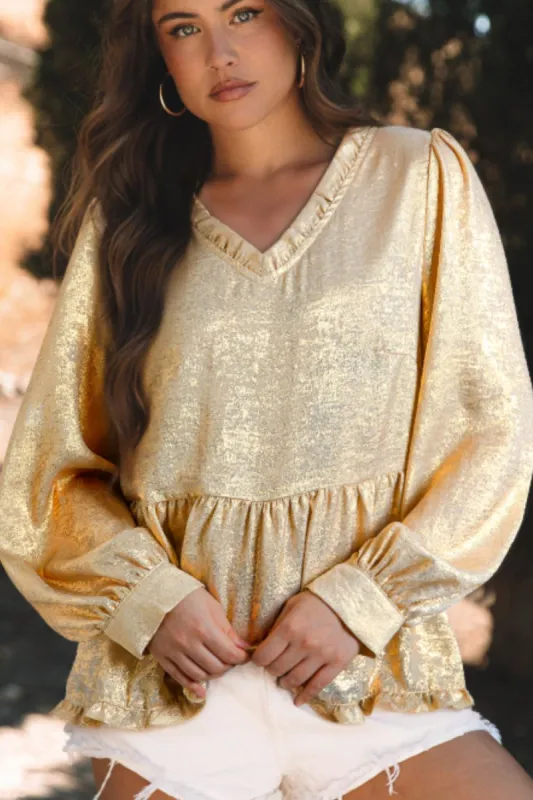 Frill Peplum V-Neck Long Sleeve Blouse sold by Charming Charlie