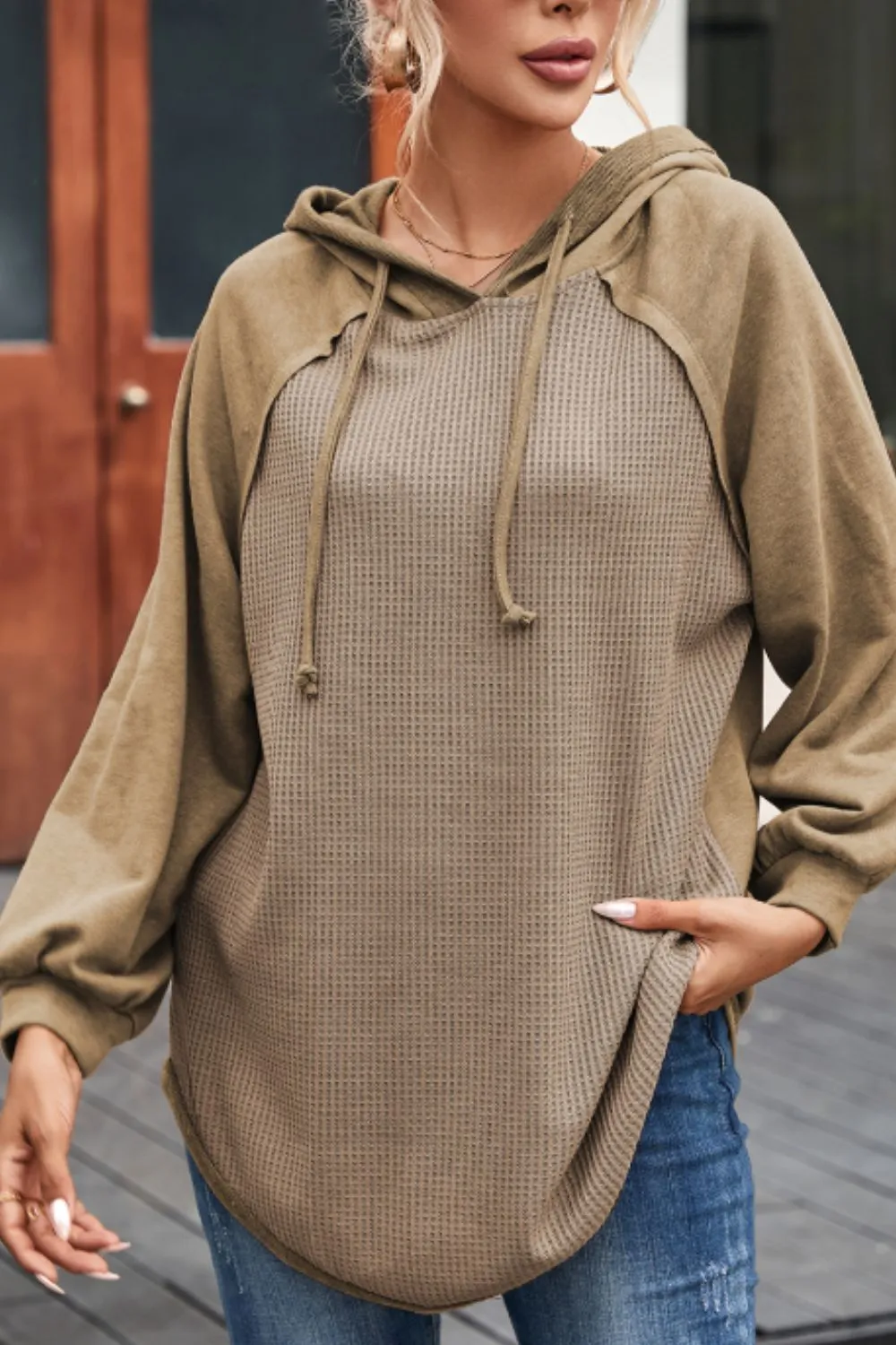 Waffled Knit Exposed Seam Drawstring Hoodie sold by Charming Charlie product image thumbnail 4