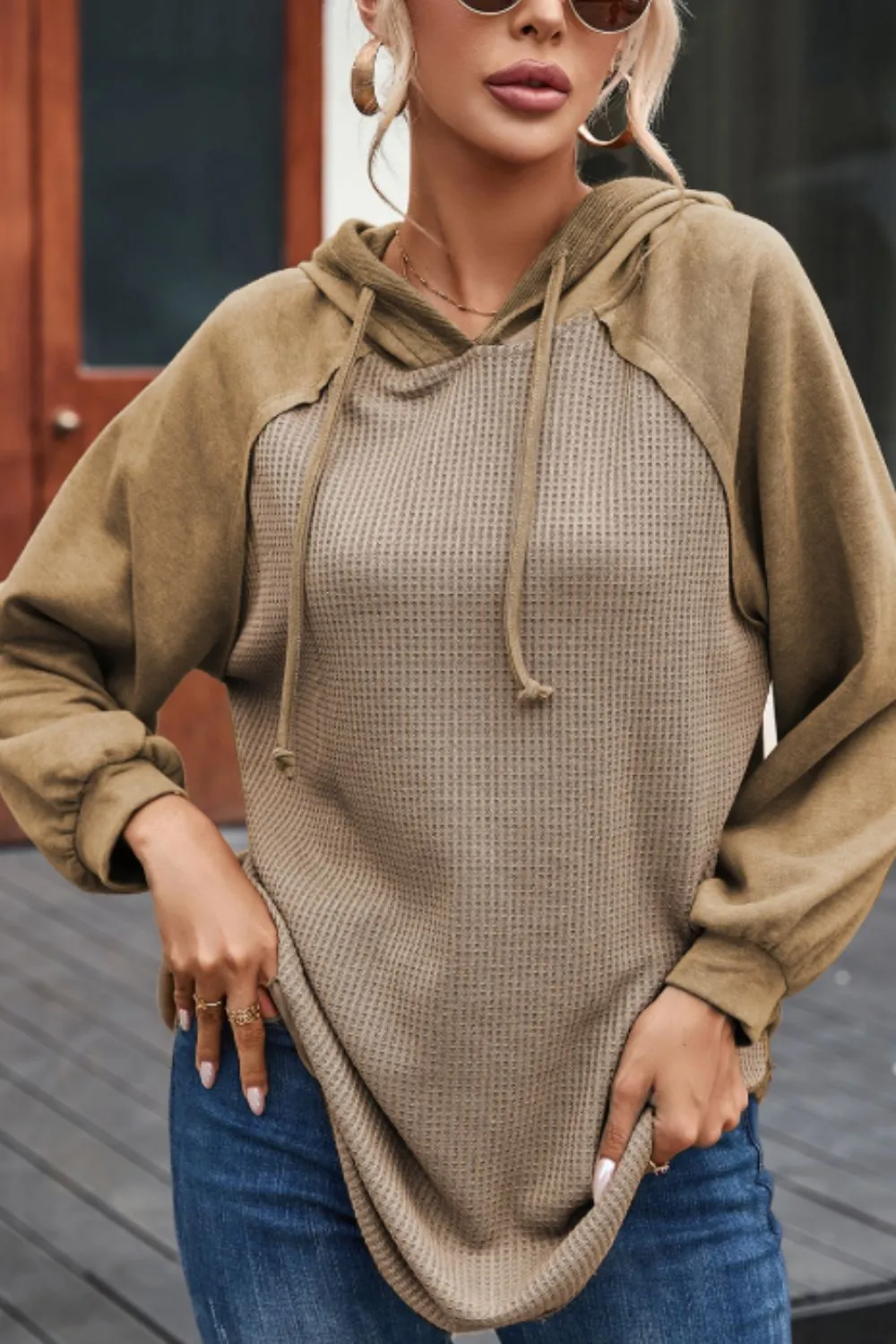 Waffled Knit Exposed Seam Drawstring Hoodie sold by Charming Charlie product image thumbnail 3