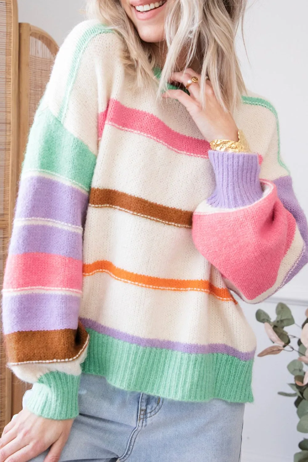 Contrast Striped Round Neck Drop Shoulder Sweater sold by Charming Charlie product image thumbnail 3