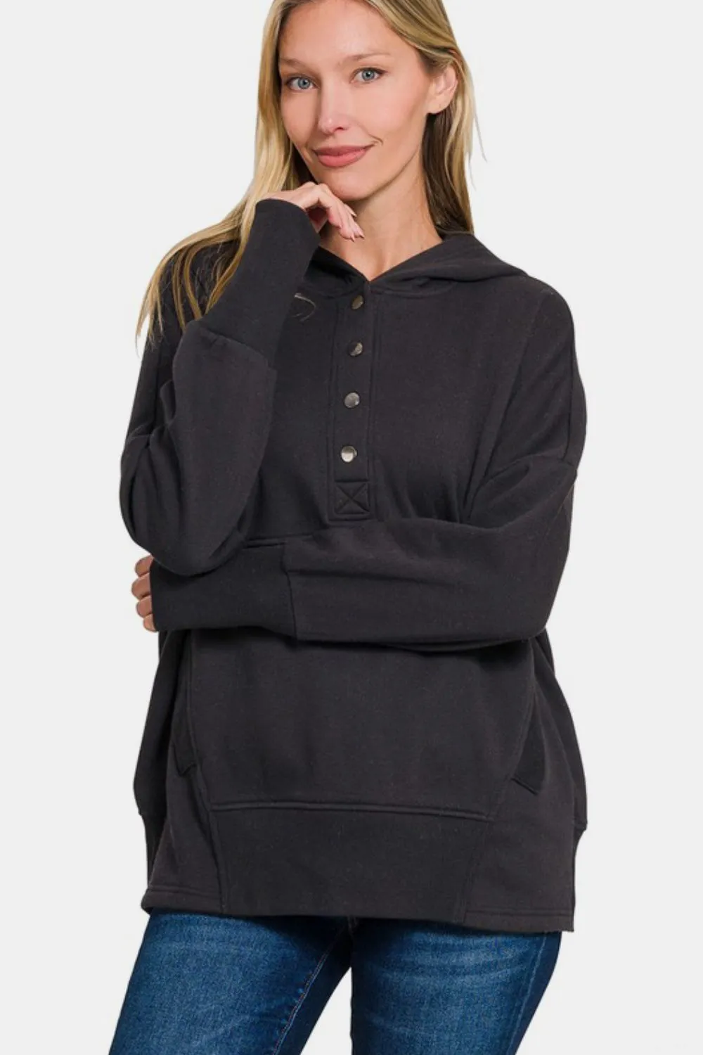Zenana Half Snap Long Sleeve Hoodie with Kangaroo Pocket sold by Charming Charlie product image thumbnail 3