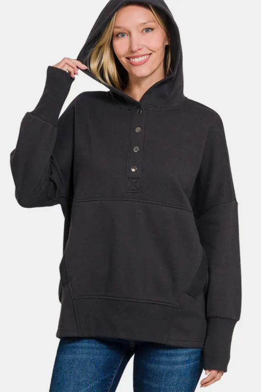 Zenana Half Snap Long Sleeve Hoodie with Kangaroo Pocket sold by Charming Charlie