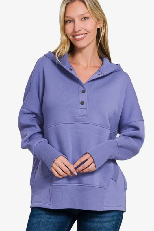 Zenana Half Snap Long Sleeve Hoodie with Kangaroo Pocket sold by Charming Charlie