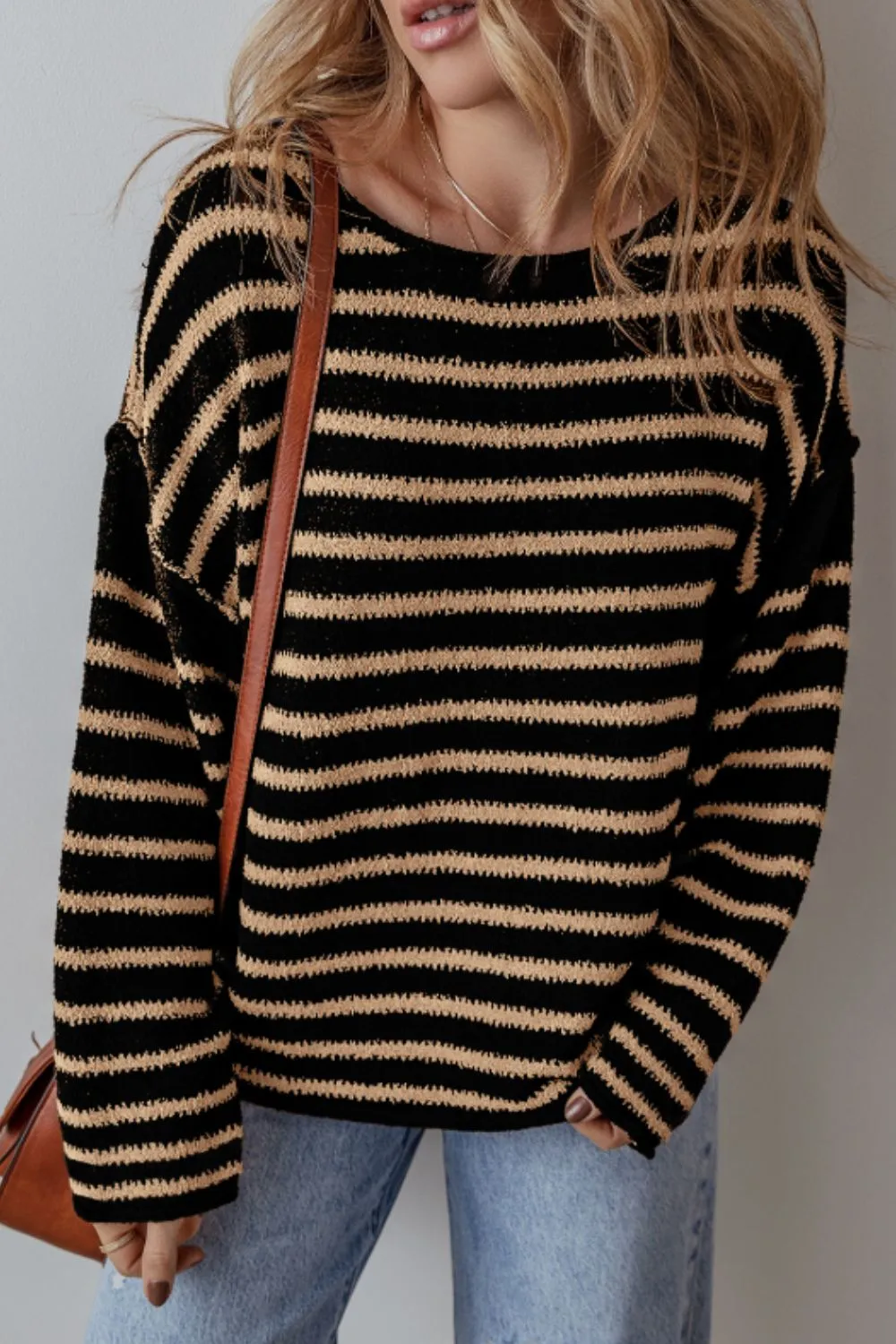 Stripe Drop Shoulder Round Neck Sweater sold by Charming Charlie