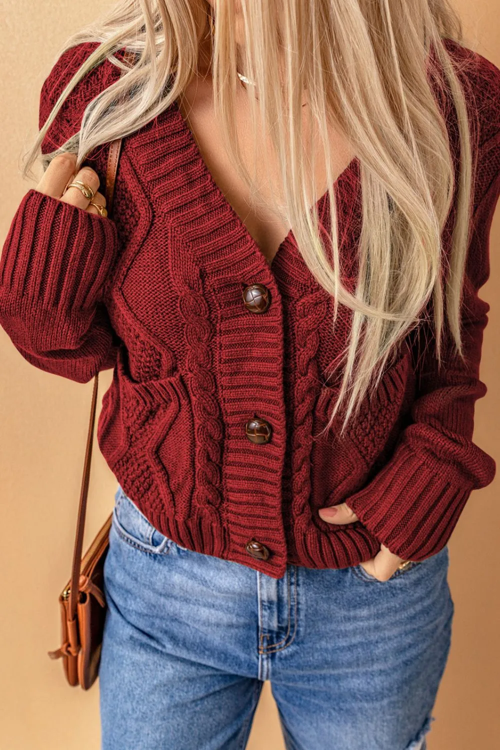 Cable-Knit Button Down V-Neck Cardigan sold by Charming Charlie product image thumbnail 2