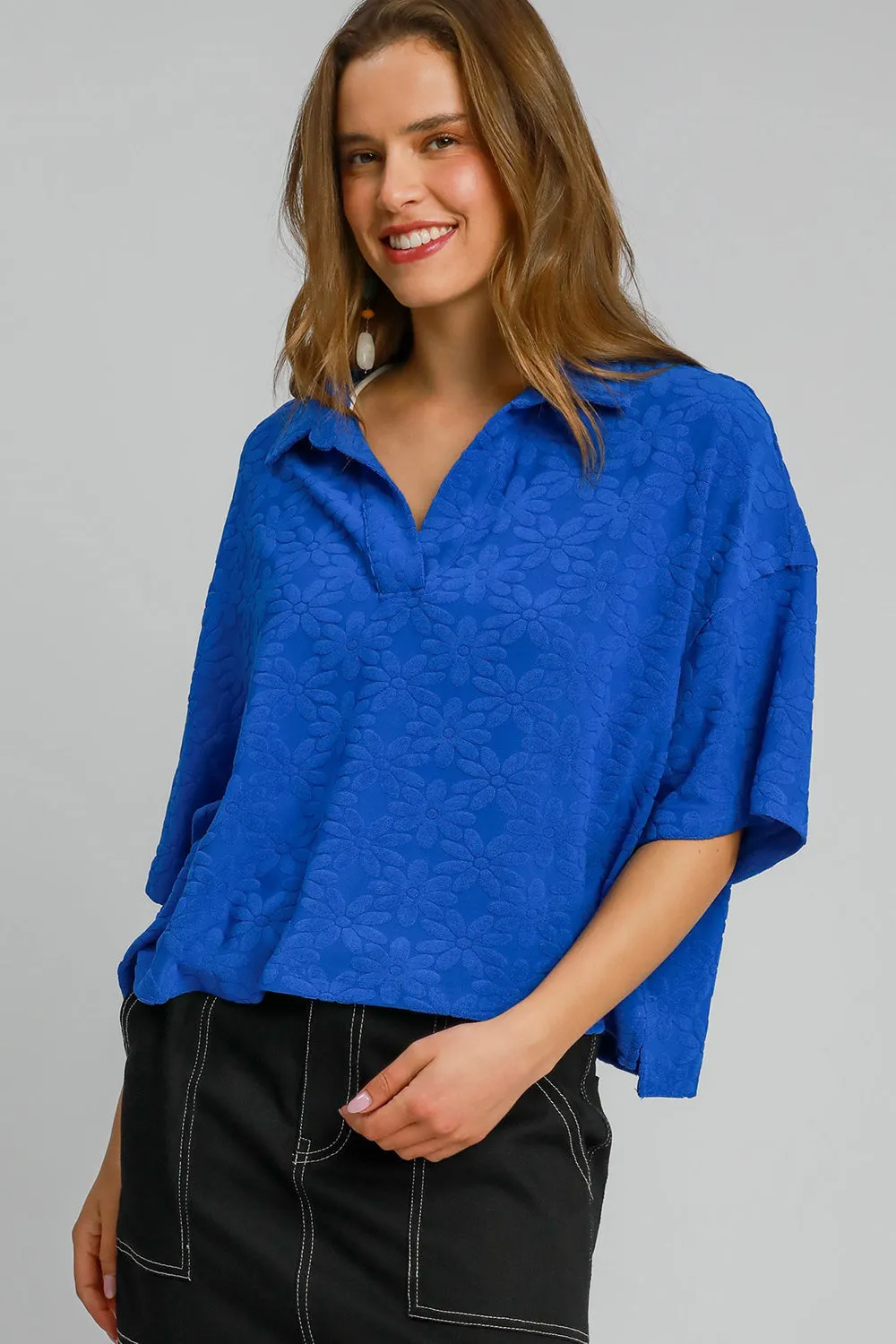 Umgee Floral Johnny Collar Half Sleeve Jacquard Top sold by Charming Charlie