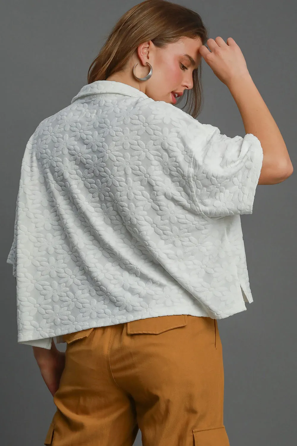 Umgee Floral Johnny Collar Half Sleeve Jacquard Top sold by Charming Charlie product image thumbnail 2