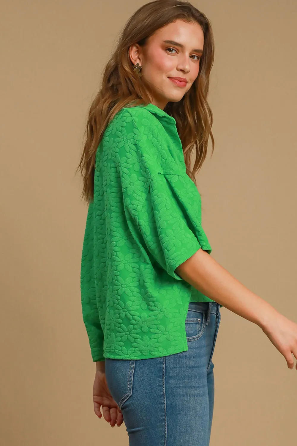 Umgee Floral Johnny Collar Half Sleeve Jacquard Top sold by Charming Charlie product image thumbnail 3
