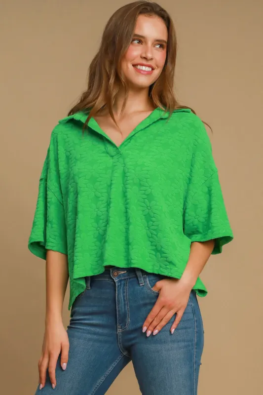 Umgee Floral Johnny Collar Half Sleeve Jacquard Top sold by Charming Charlie