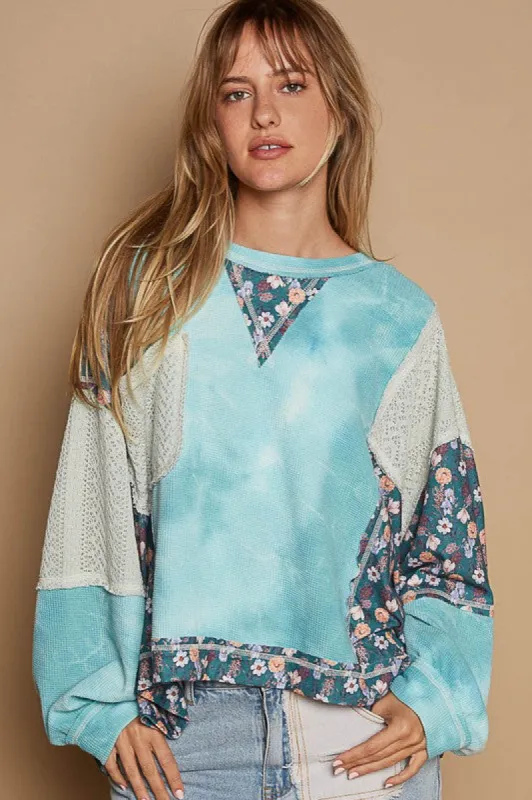POL Floral Patchwork Round Neck Knit Top sold by Charming Charlie