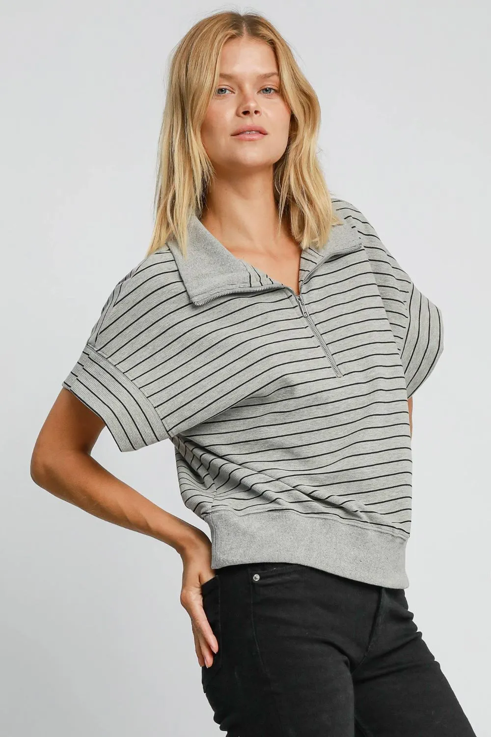 Umgee Striped Half Zip Short Sleeve Sweatshirt sold by Charming Charlie product image thumbnail 3