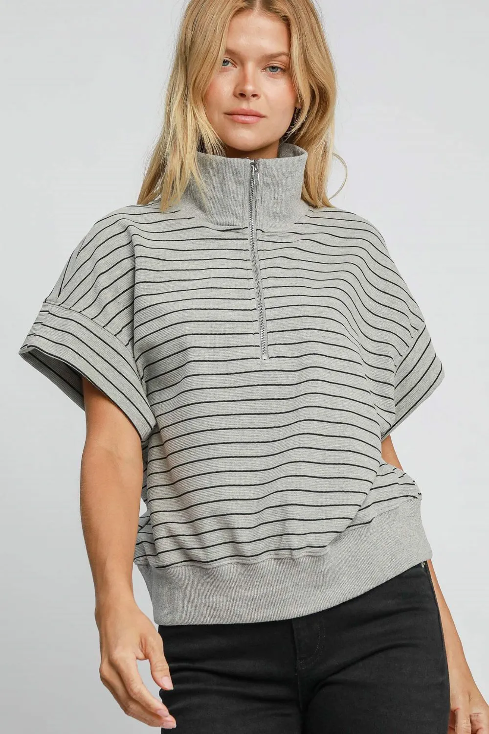 Umgee Striped Half Zip Short Sleeve Sweatshirt sold by Charming Charlie