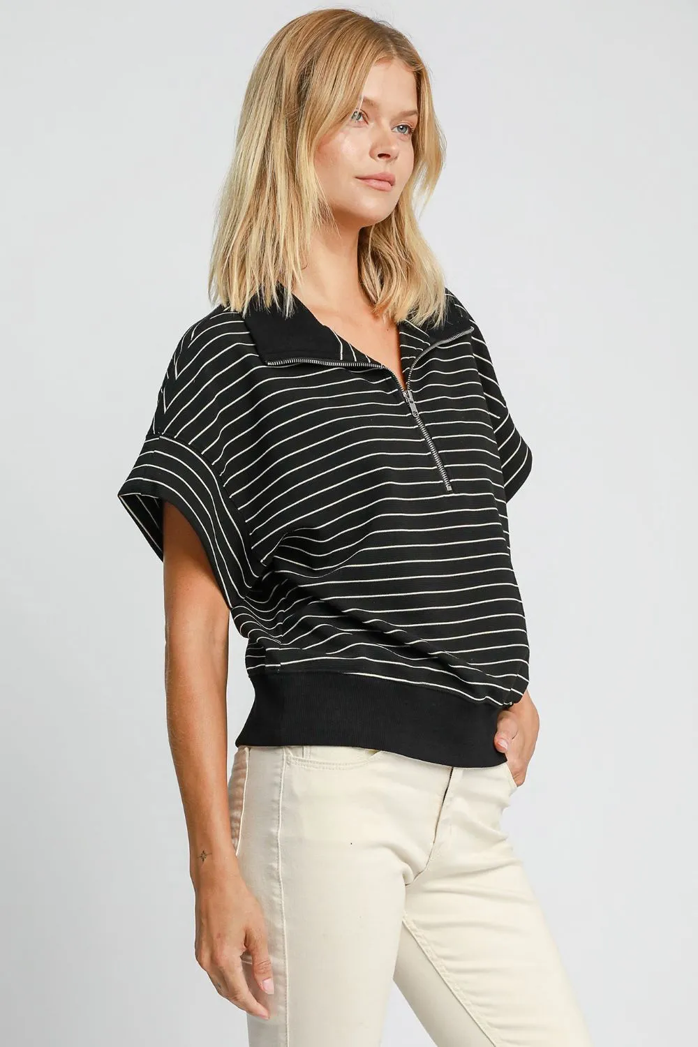 Umgee Striped Half Zip Short Sleeve Sweatshirt sold by Charming Charlie product image thumbnail 3
