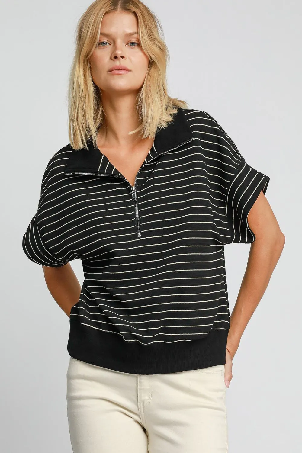 Umgee Striped Half Zip Short Sleeve Sweatshirt sold by Charming Charlie