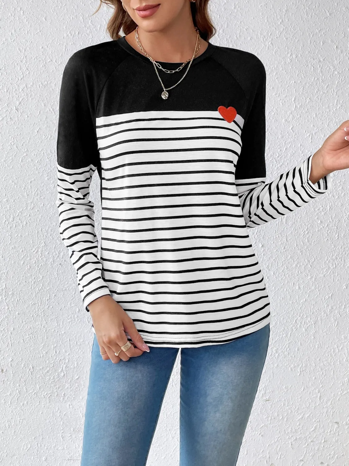 Striped Contrast Round Neck Long Sleeve T-Shirt sold by Charming Charlie
