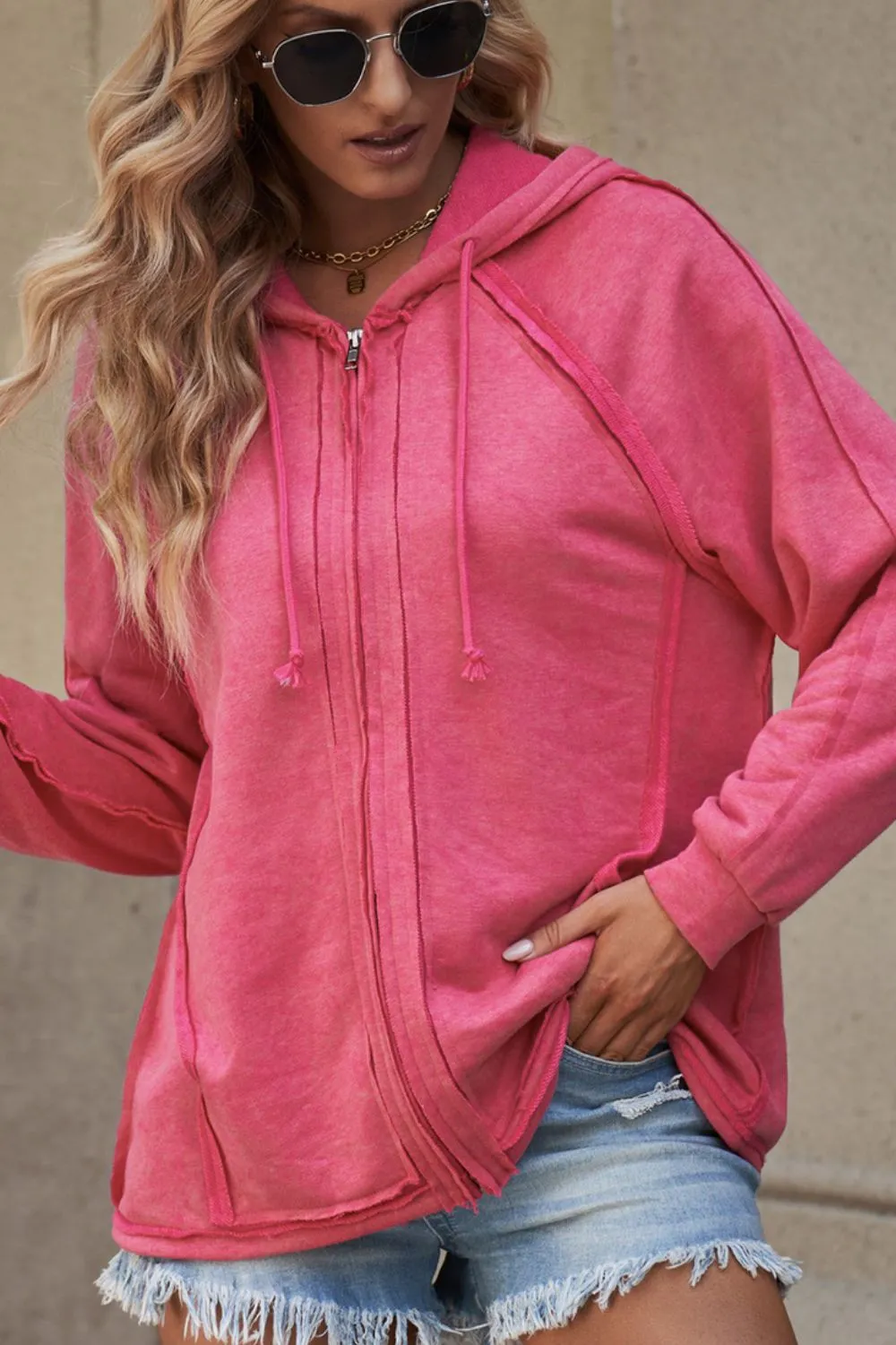 Exposed Seam Zip Up Long Sleeve Drawstring Hoodie sold by Charming Charlie