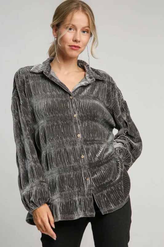 Umgee Ruched Tiered Button Up Shirt sold by Charming Charlie