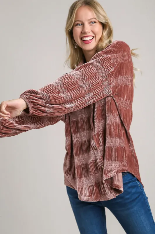 Umgee Ruched Tiered Button Up Shirt sold by Charming Charlie
