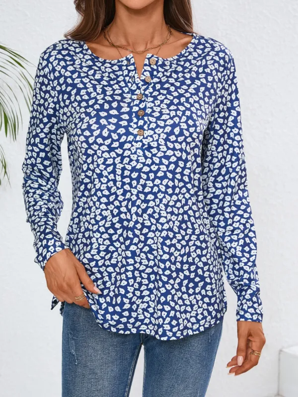 Quarter Button Printed Round Neck Long Sleeve Top sold by Charming Charlie
