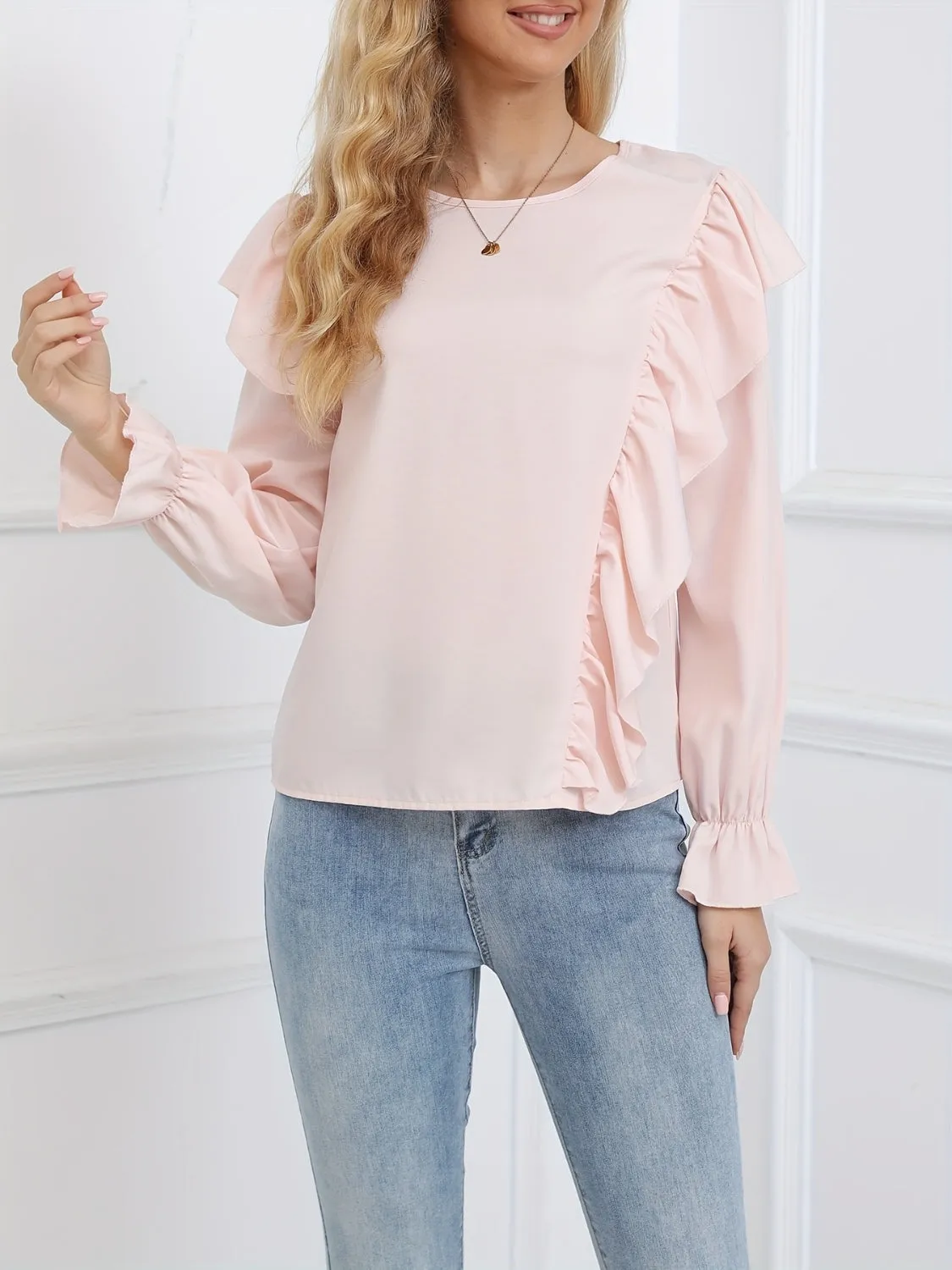Ruffled Round Neck Long Sleeve Blouse sold by Charming Charlie product image thumbnail 3
