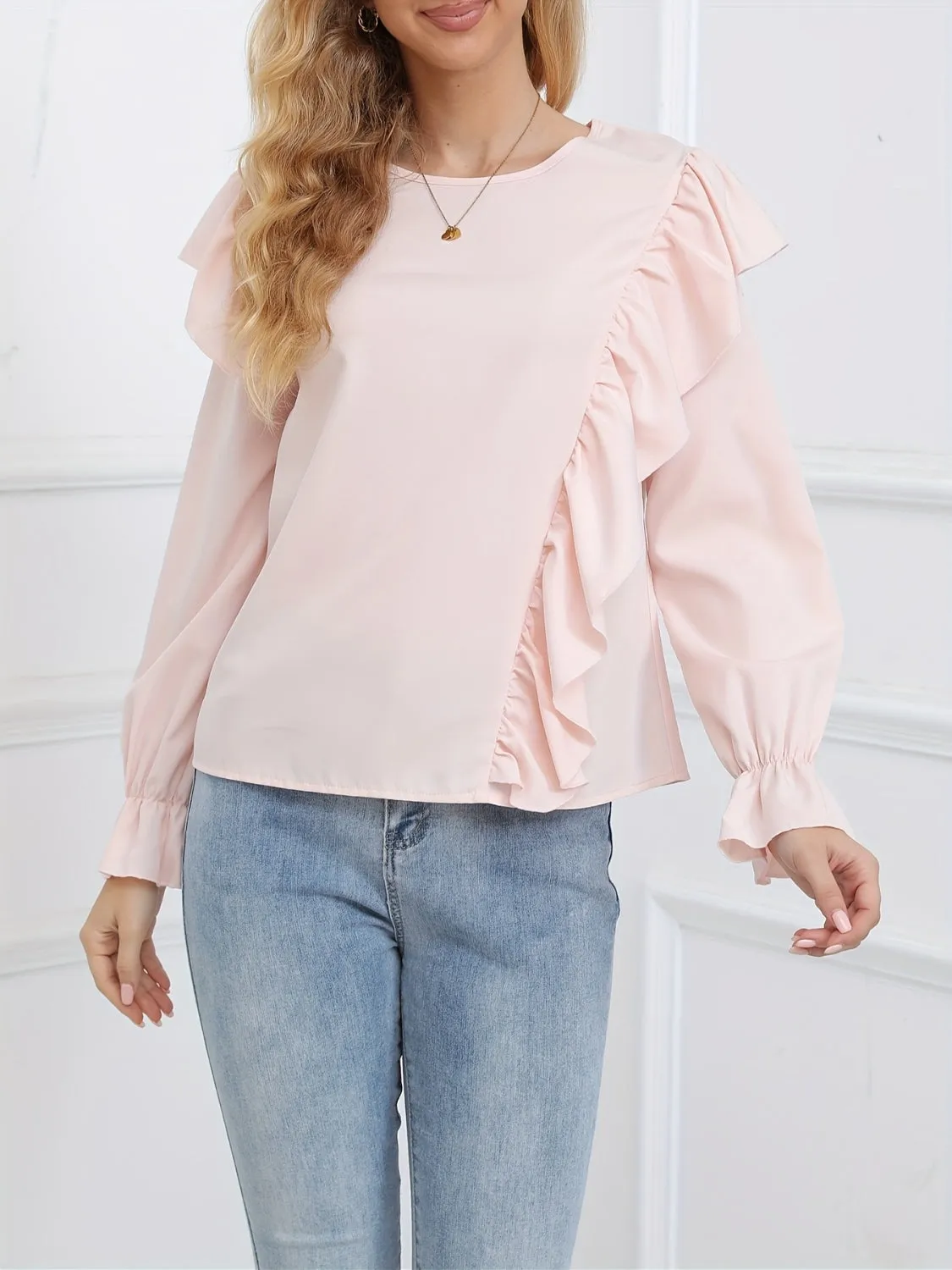 Ruffled Round Neck Long Sleeve Blouse sold by Charming Charlie product image thumbnail 5