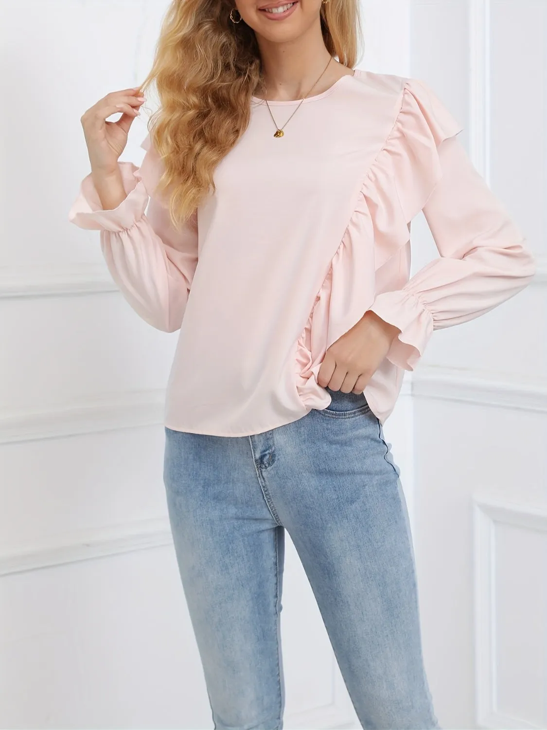 Ruffled Round Neck Long Sleeve Blouse sold by Charming Charlie product image thumbnail 2