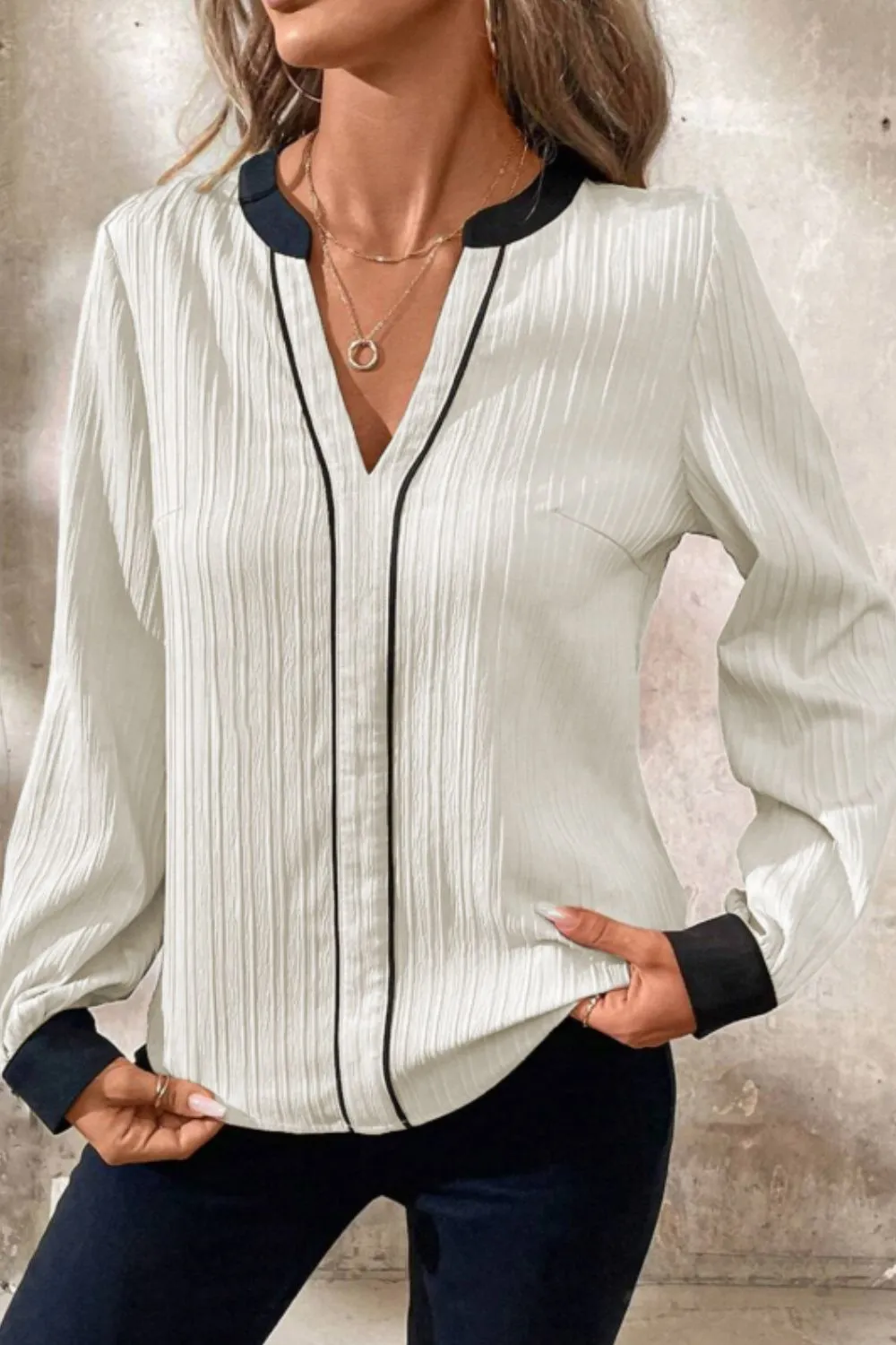 Contrast Notched Long Sleeve Blouse sold by Charming Charlie product image thumbnail 2