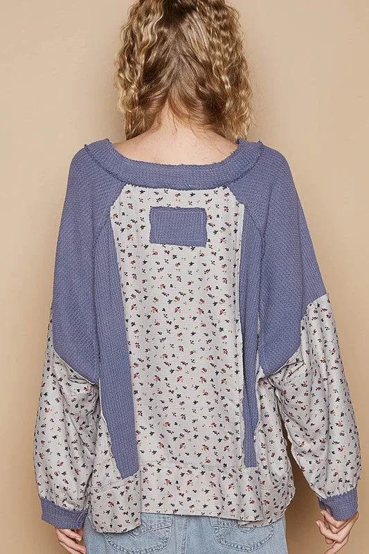 POL Waffle Knit Floral Notched Long Sleeve Top sold by Charming Charlie product image thumbnail 2