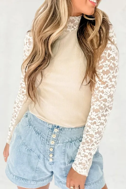 Mock Neck Long Sleeve Lace Patchwork T-Shirt sold by Charming Charlie