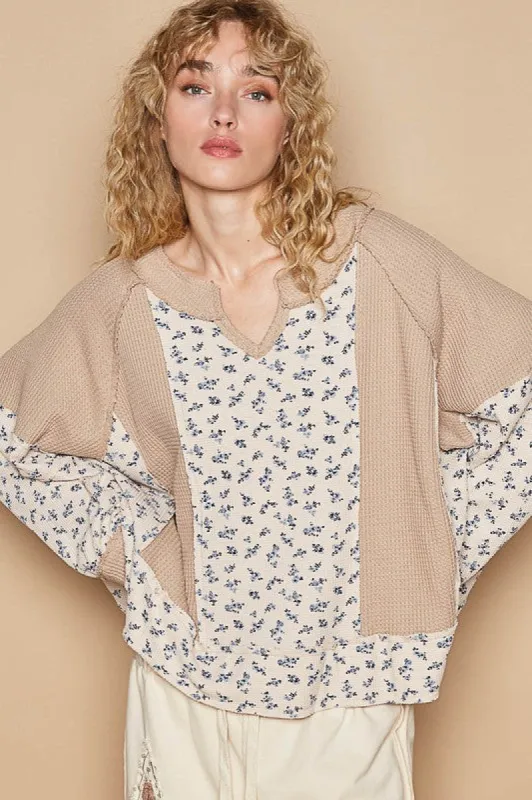 POL Waffle Knit Floral Notched Long Sleeve Top sold by Charming Charlie