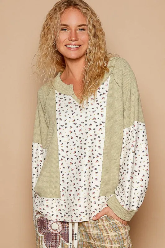 POL Waffle Knit Floral Notched Long Sleeve Top sold by Charming Charlie
