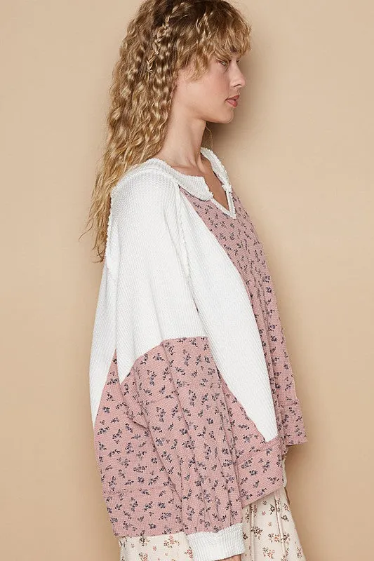 POL Waffle Knit Floral Notched Long Sleeve Top sold by Charming Charlie product image thumbnail 3