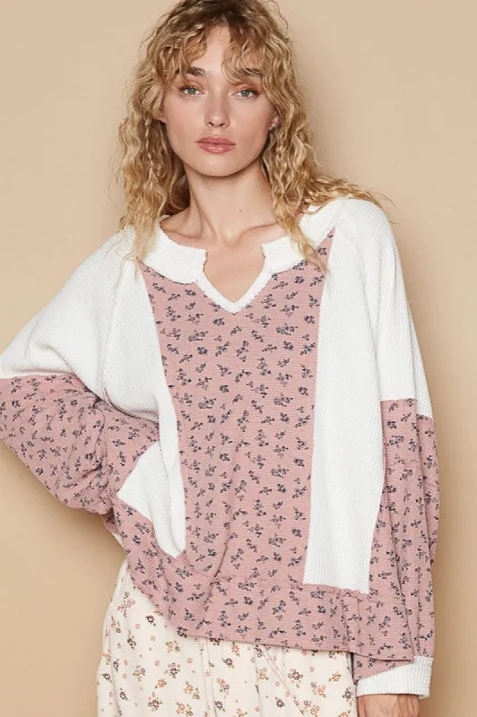 POL Waffle Knit Floral Notched Long Sleeve Top sold by Charming Charlie