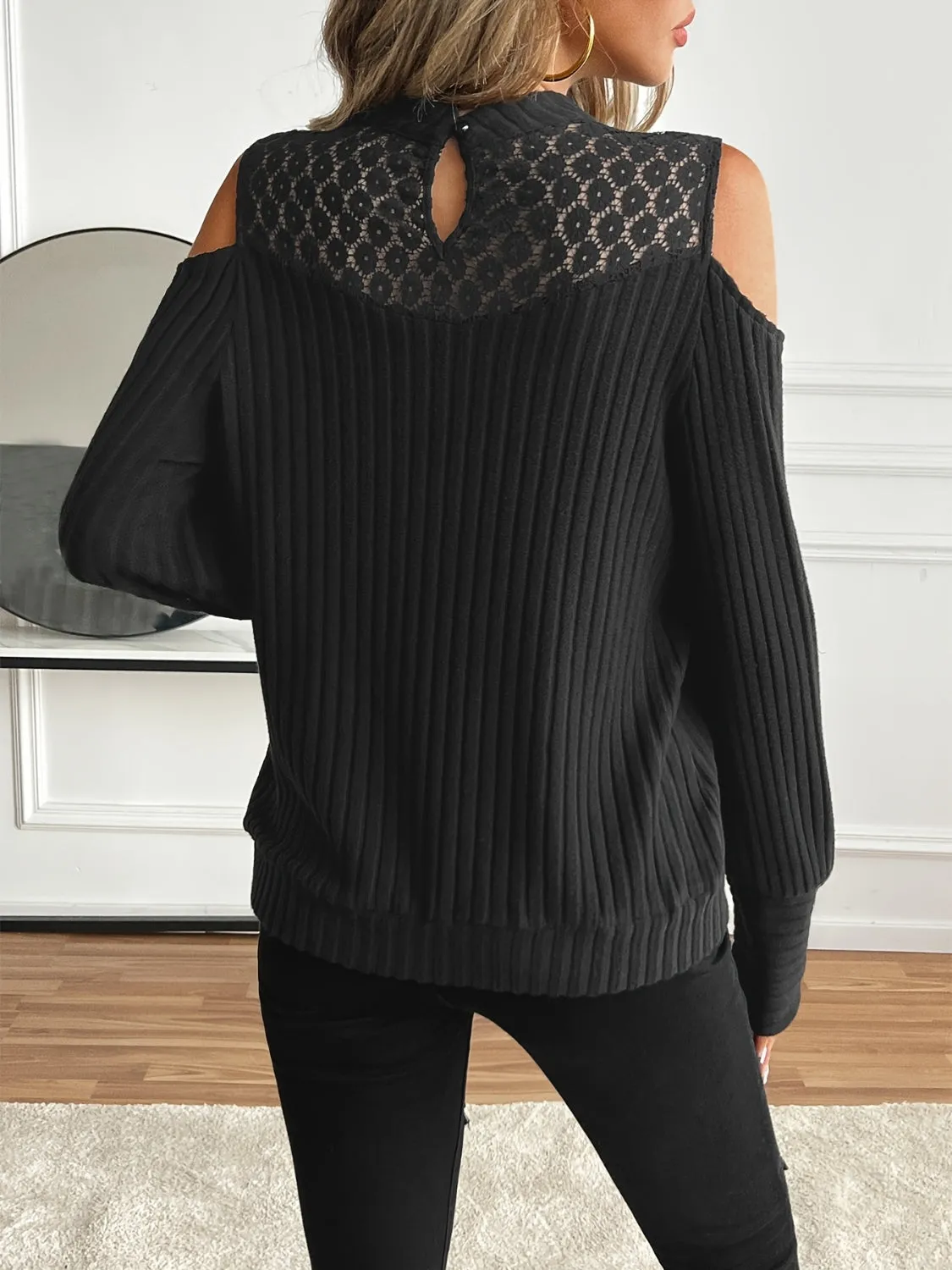 Lace Detail Mock Neck Cold Shoulder T-Shirt sold by Charming Charlie product image thumbnail 5