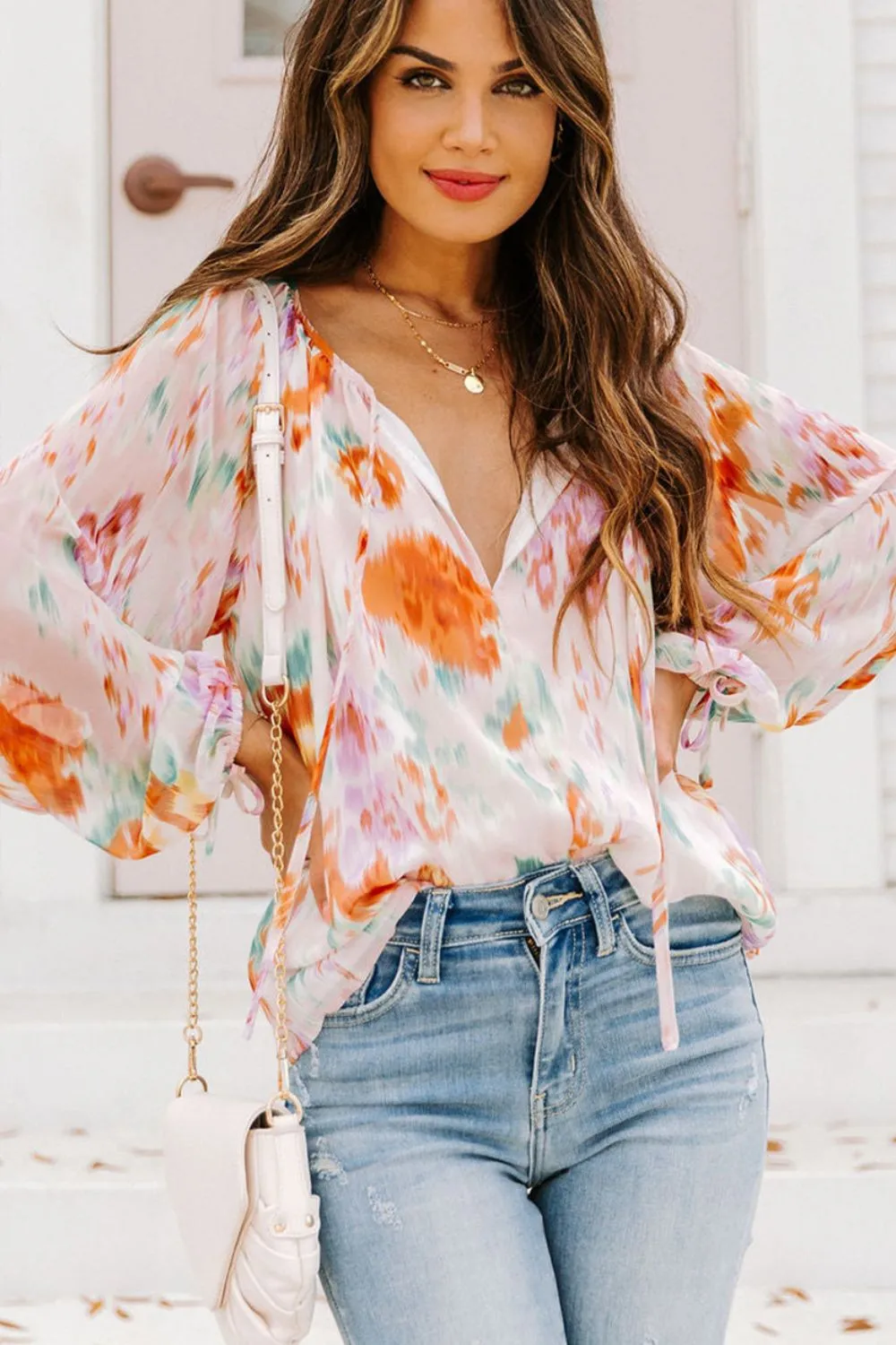 Printed Tie Neck Long Sleeve Blouse sold by Charming Charlie product image thumbnail 2