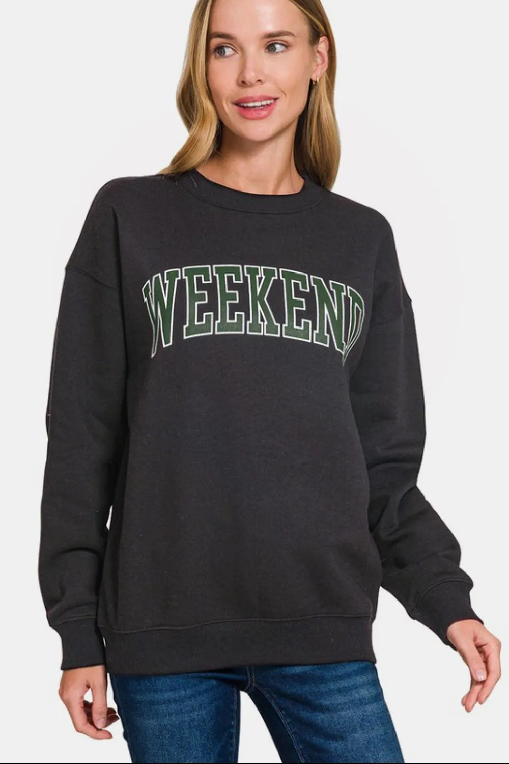 Zenana WEEKEND Round Neck Dropped Shoulder Sweatshirt sold by Charming Charlie