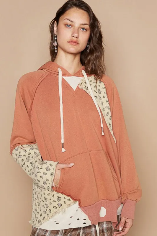 POL Floral Patchwork Distressed Drawstring Hoodie sold by Charming Charlie