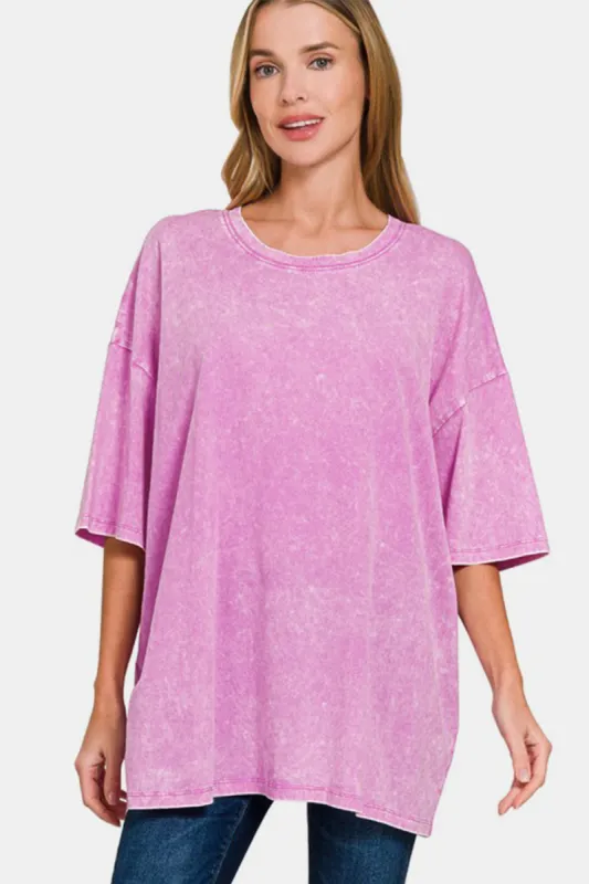 Zenana Full Size Washed Round Neck Drop Shoulder Oversized T-Shirt sold by Charming Charlie