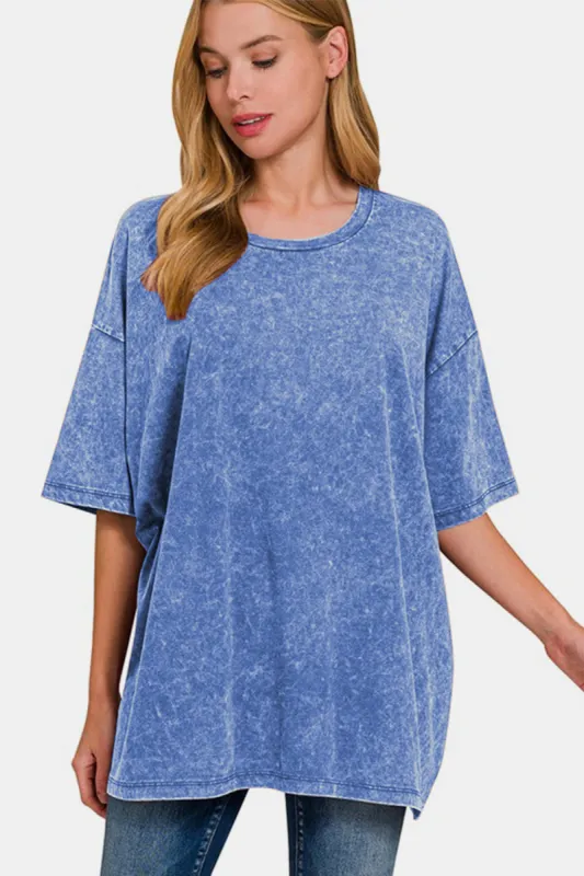 Zenana Full Size Washed Round Neck Drop Shoulder Oversized T-Shirt sold by Charming Charlie