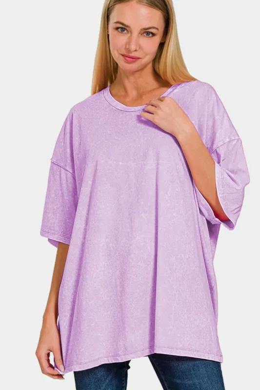 Zenana Full Size Washed Round Neck Drop Shoulder Oversized T-Shirt sold by Charming Charlie