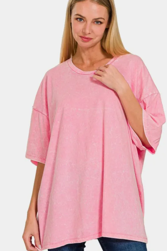 Zenana Full Size Washed Round Neck Drop Shoulder Oversized T-Shirt sold by Charming Charlie