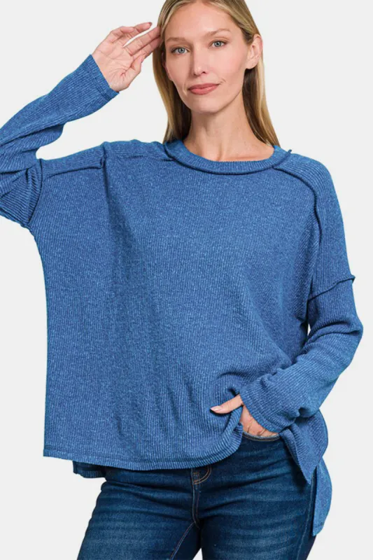 Zenana Full Size Exposed Seam Brushed Round Neck Sweater sold by Charming Charlie