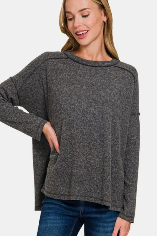 Zenana Full Size Exposed Seam Brushed Round Neck Sweater sold by Charming Charlie