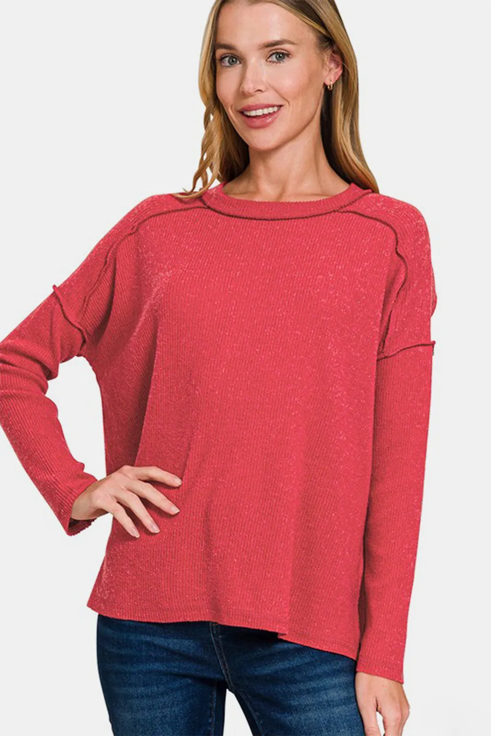 Zenana Full Size Exposed Seam Brushed Round Neck Sweater sold by Charming Charlie